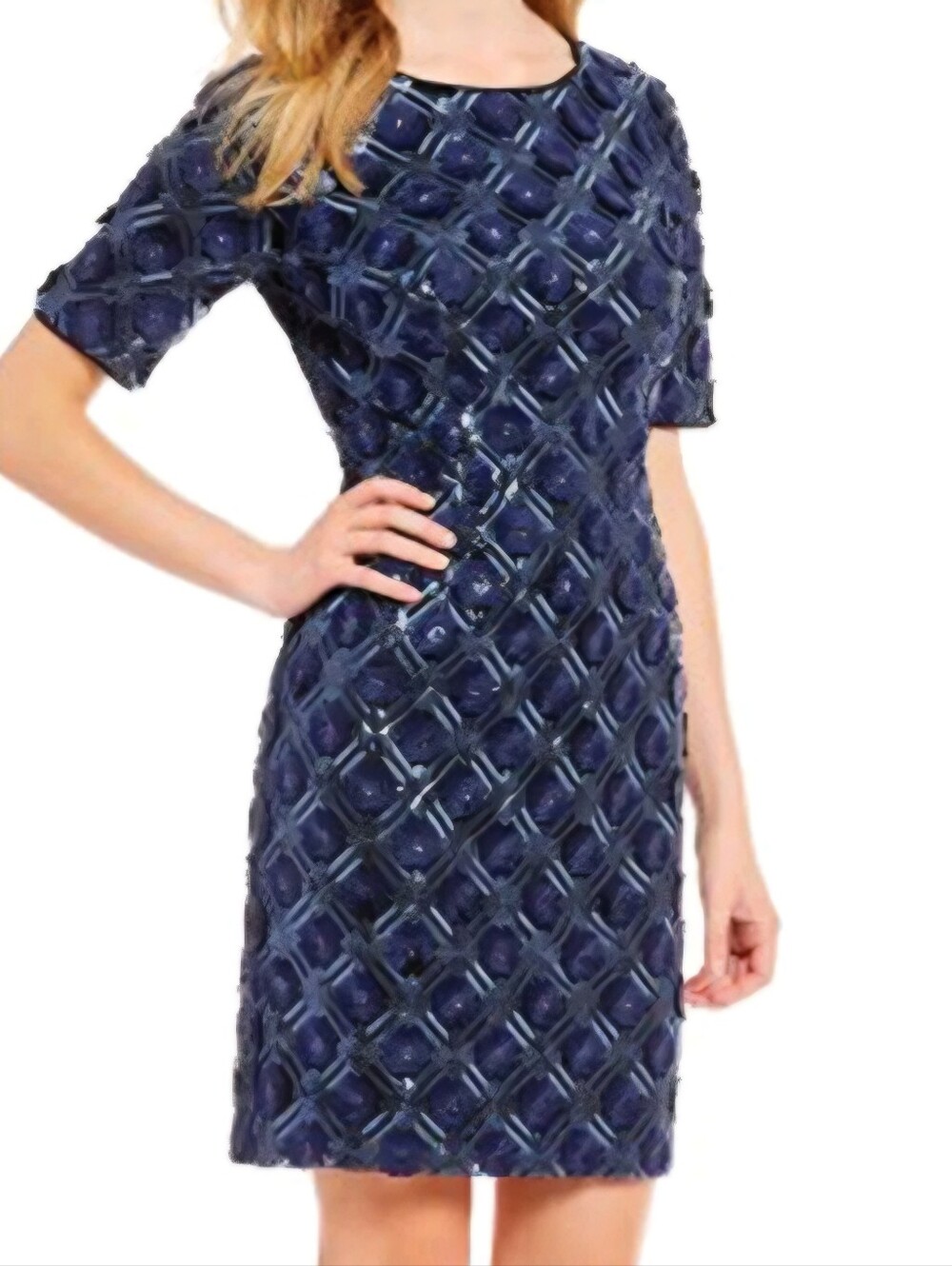 Belle Badgley Mischka Navy 3D Geometric Floral Sequin Lace Sheath Dress Sz 12